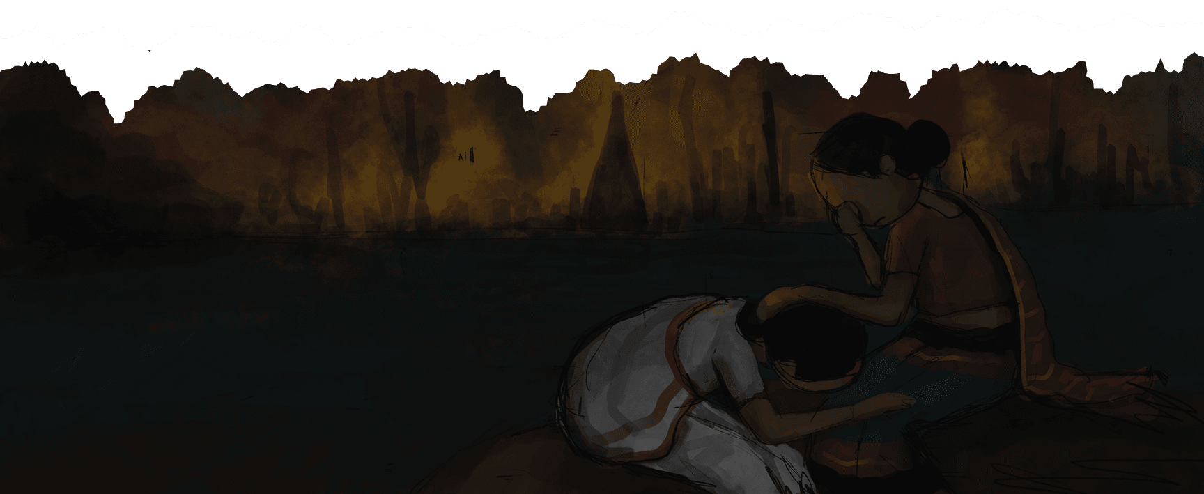 Illustration of indigenous women working together outdoors at dusk.